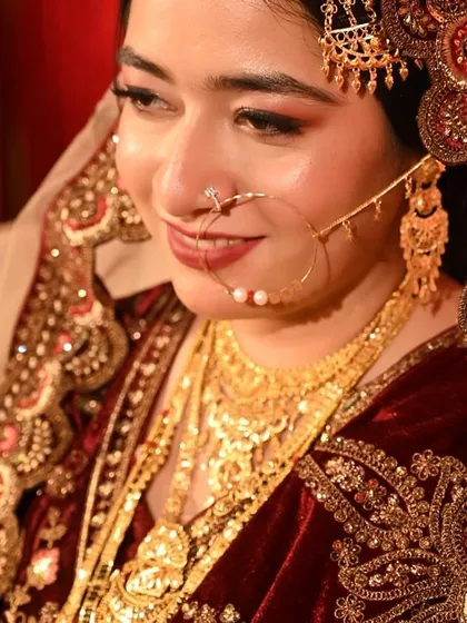 A close-up showcasing the soft glam eye makeup and the traditional passa and nath that complete the Nikah bridal look.
