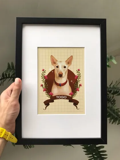 Seeing a portrait in its final form is always a joy. Here is a finished digital illustration of Togo, matted and framed in a simple black frame, ready to be displayed. This shows how a digital file becomes a beautiful piece of physical art.