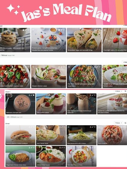 Jas's meal plan. It's filled with variety, from pancakes and overnight oats for breakfast to chicken salads and pasta for lunch and dinner. No boring diets here.