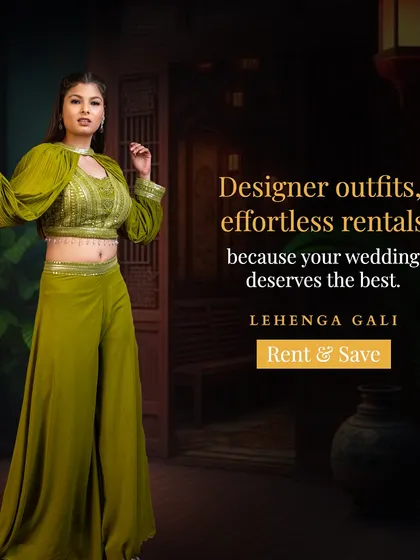 Designer outfits, effortless rentals. This olive green palazzo set with statement sleeves is a bold and fashionable choice for a cocktail party or sangeet.