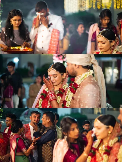 A collage capturing the emotional moments of 'vidaai' or the bride's farewell. Tears of joy and sadness are part of the story.