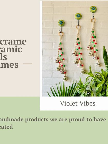 A graphic showcasing our Macrame Ceramic Bell Chimes. These handmade products are something we are very proud to have created, perfect for adding a unique and melodic touch to your home.