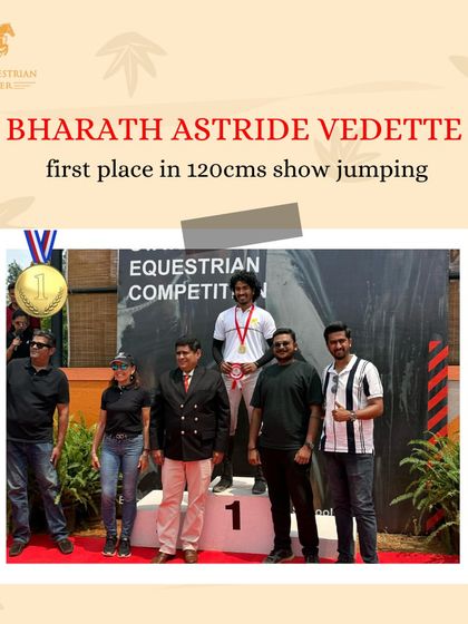 Bharath stands proudly at the top of the podium after winning first place in the 120cms show jumping event. A testament to his skill and partnership with Vedette.
