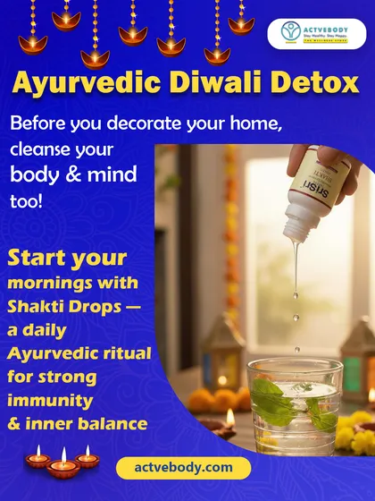 Before you decorate your home for Diwali, cleanse your body and mind. This image shows my daily Ayurvedic ritual of adding Shakti Drops to water for strong immunity and inner balance, helping you glow from the inside out.
