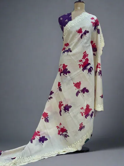 A full-length view of the Kota checks saree with red and purple floral prints.