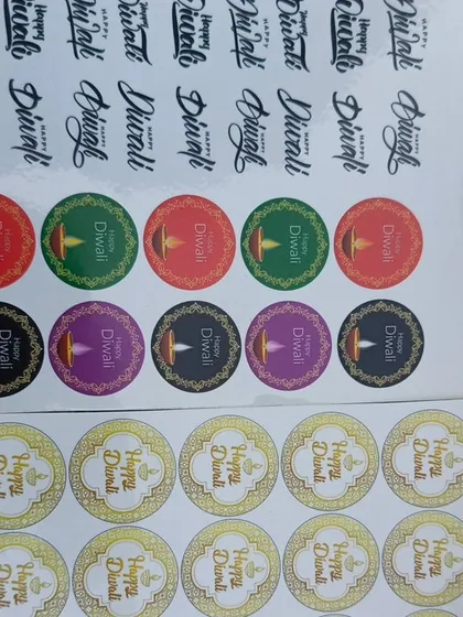I offer festive sticker sheets, like these "Happy Diwali" labels. They are an easy way to add a seasonal touch to your product packaging.