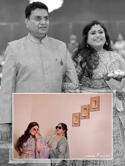 A collage capturing a heartfelt moment of the bride with her father and a fun, stylish shot with her sister.