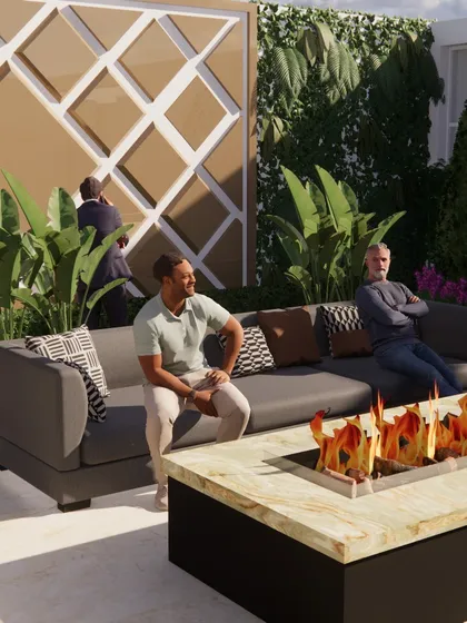 This cozy terrace seating area is centered around a modern fire pit table, perfect for cool evenings. A living wall and decorative screen provide privacy and add layers of texture and greenery to the space.