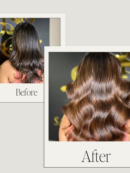 A stunning before and after. We transformed this client's hair with a rich brown balayage, adding depth, shine, and beautiful, flowing waves.