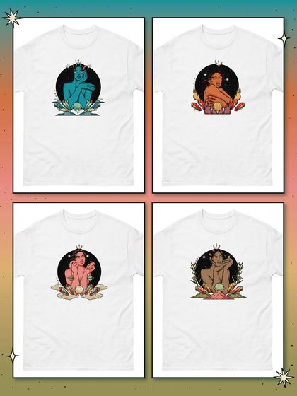A showcase of the four custom T-shirt designs I created for the 'Your Magic' podcast, each representing an elemental sign: Air, Earth, Fire, and Water.