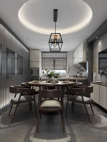 A narrow dining room and kitchen combination, elegantly designed with a round dining table to save space. A slatted wood accent wall with integrated lighting adds texture and warmth to the modern interior.