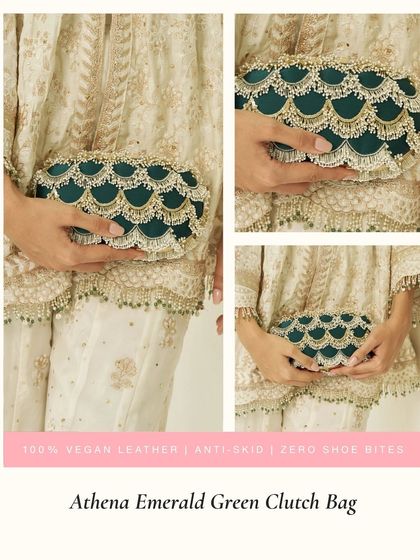 Add a jewel tone to your ensemble with the Athena Emerald Green Clutch. The scalloped beadwork and rich green color make this vegan leather clutch a luxurious accessory for weddings and formal events.