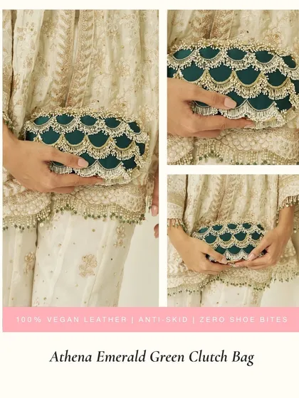 Add a jewel tone to your ensemble with the Athena Emerald Green Clutch. The scalloped beadwork and rich green color make this vegan leather clutch a luxurious accessory for weddings and formal events.