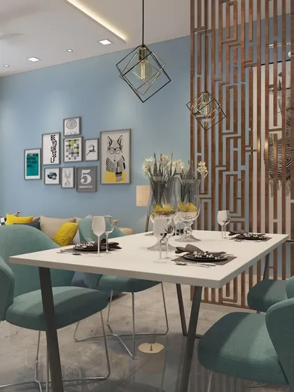 A 3D render of a vibrant and eclectic living and dining area. This concept uses a playful color palette, a gallery wall, and a geometric partition to create a youthful and energetic space.