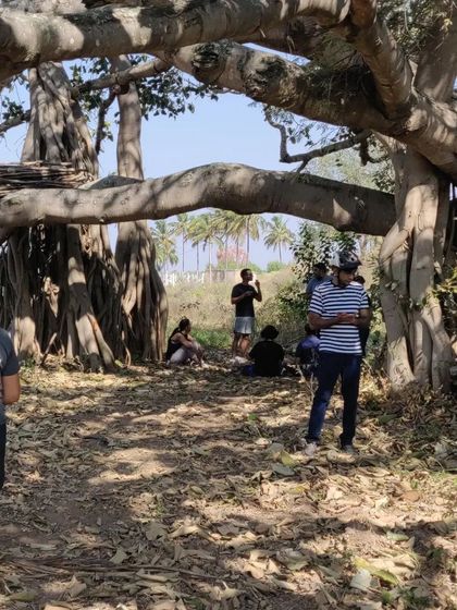 Riders relaxing under a large banyan tree. Our routes include stops at interesting natural landmarks.