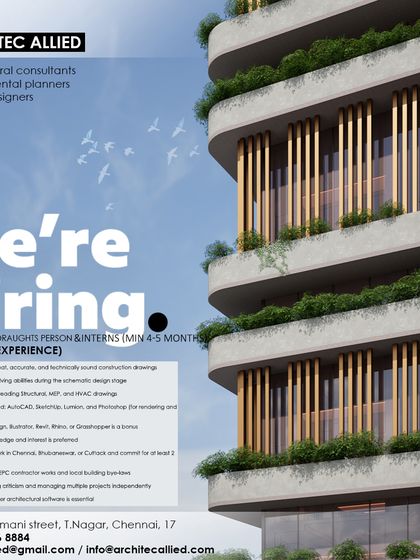 Archi-Tec Allied in Chennai and Bhubaneshwar is hiring architects with 0-5 years of experience, detailing a comprehensive list of required skills from drawing production to EPC contractor awareness.