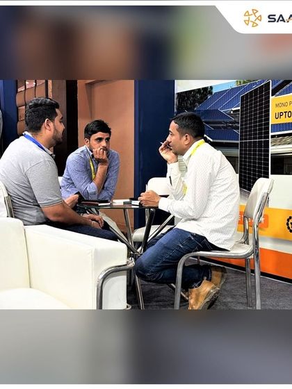 In-depth discussions with potential clients at our booth during the Bharat Solar Expo.