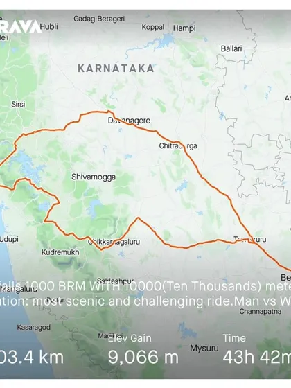 The Strava map of the Jog Falls 1000K BRM, showing the massive 1003km loop with over 9000 meters of elevation. This is what "Man vs Wild" looks like on two wheels.