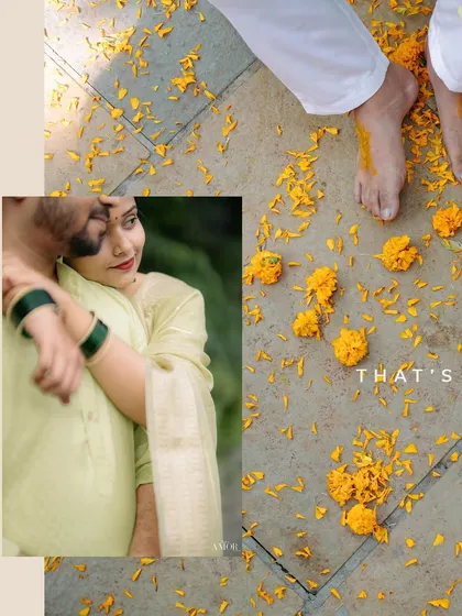 An artistic collage combining a romantic couple moment with a detail shot of feet covered in turmeric and marigold petals. It tells a story of both love and tradition.