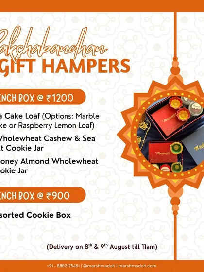 This is my Rakshabandhan gift hamper menu, showing the different options available. You can choose between a full hamper with a tea cake loaf and cookie jars, or an assorted cookie box, all made fresh by me.