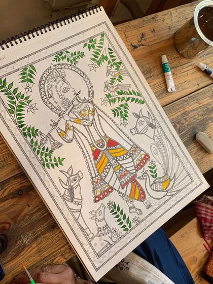 "Art isn’t just a weekend affair." This image of a student's work-in-progress Madhubani Krishna highlights the difference between a short workshop and a structured program that builds real skill and discipline.