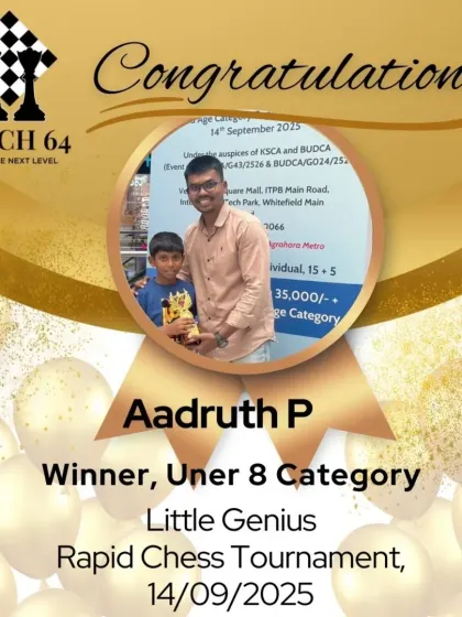 We celebrate Aadruth P for his victory in the Under 8 category at the Little Genius Rapid Chess Tournament. His hard work is an inspiration to all our young players.