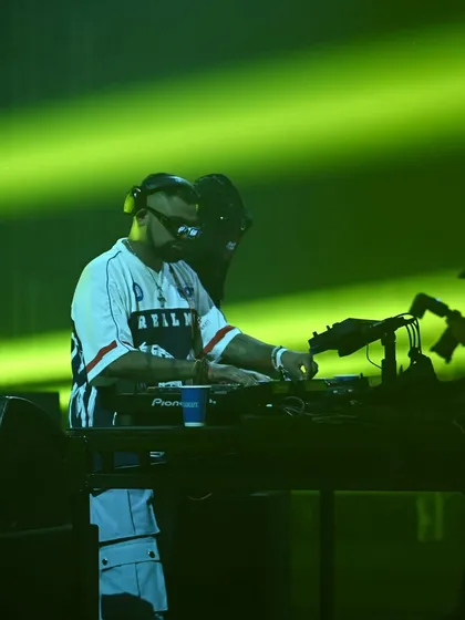 On the decks with Almost Human at the Spacetech festival pre-party. The green lighting and focused expressions show the intensity we bring to our sets.