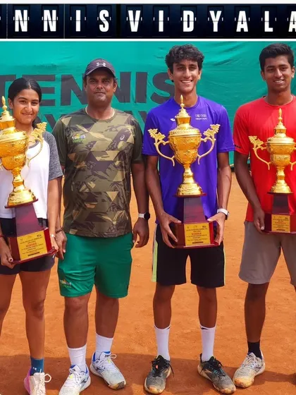 A picture of pure success. Our players, Tamanna Takoria, Aarjun Pandit, and Rian Sharma, showcasing their trophies after a dominant performance at the AITA Super Series tournament. We build a team environment where winning becomes a habit.