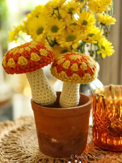 To capture that magical woodland feeling of autumn, I designed these striped crochet mushrooms. They bring a touch of whimsy and nature-inspired charm to any fall decor arrangement.