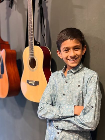 Young prodigy Dharan, ready to record his next YouTube video. We support our students in showcasing their talents to the world.