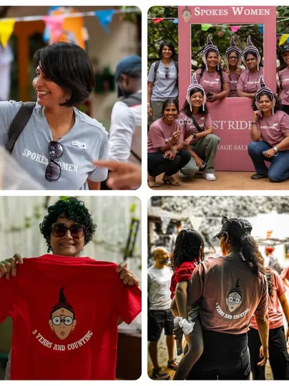 Our gear is for everyone who supports the ride. This collage showcases our special fifth-anniversary edition T-shirts, available in multiple colors for both Spokes Women and the amazing Spokes Men who volunteer and cheer us on. It's all about that community love.