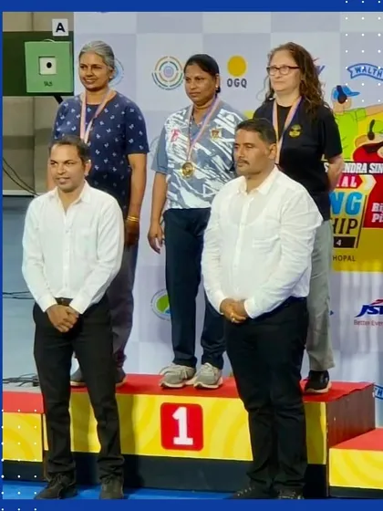 Our coach Manika on the podium after her bronze medal win in the 10M Air Pistol event at the 22nd KSS National Shooting Championship.