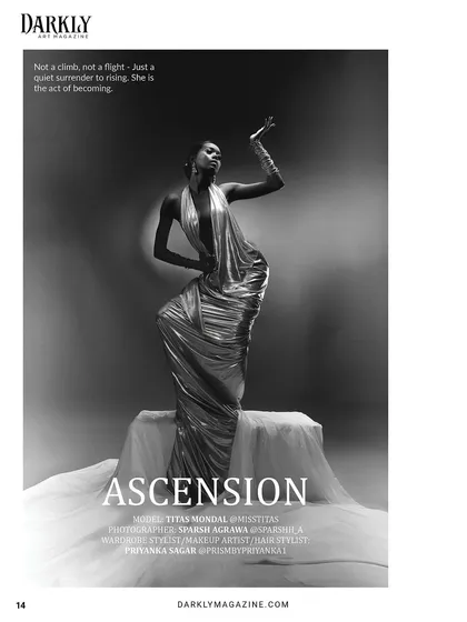 This full-page spread from the "Ascension" series in Darkly Art Magazine shows the complete look, where the flowing fabric, elegant updo, and subtle makeup create a feeling of rising.