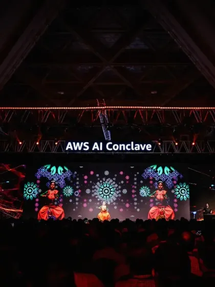 The grand scale of our performance at the AWS AI Conclave. It was an honor to bring Bharatanatyam to such a modern stage, showcasing its adaptability and timeless beauty to a new audience.