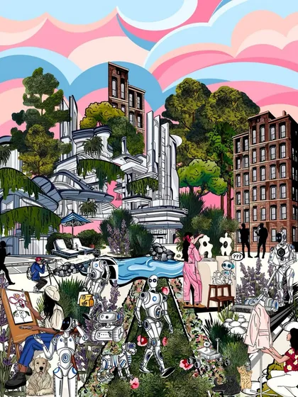 This piece, created for the Lakme Nexa Creators Lab, imagines a futuristic world where nature, technology, and creativity coexist. It's a glimpse into a colorful "Age of Tomorrow."