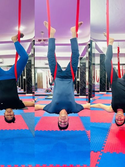 This collage showcases the grace and strength of our students in various aerial yoga poses, from inversions to suspended stretches, highlighting the art of flying.