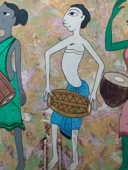 A finished wall mural depicting tribal musicians, painted directly onto a wall. We also undertake projects to bring art into public and private spaces.
