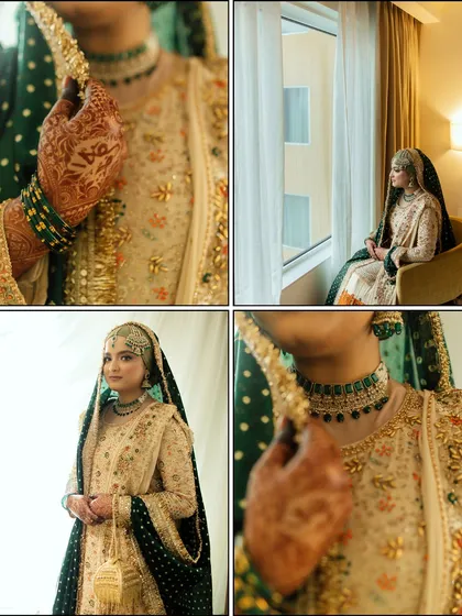 A collage focusing on the details of the bride's attire and her quiet moments. From her henna-adorned hands to her emerald choker, every detail tells a story.