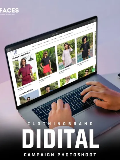 A laptop displaying the "Best Seller" page of a women's fashion website, populated with our model photography. We produce e-commerce imagery that is clean, attractive, and designed to convert browsers into buyers.