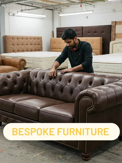 I build classic designs that never go out of style. This is a leather Chesterfield sofa, a piece known for its deep button tufting and quality craftsmanship, seen here in my workshop before delivery.