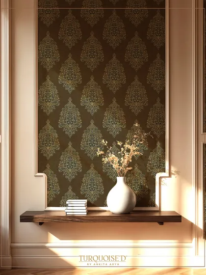 The Begum Boota wallpaper in a rich brown, used here within wall paneling. This application highlights the intricate paisley motifs, creating a sophisticated and classic look that feels like custom art.