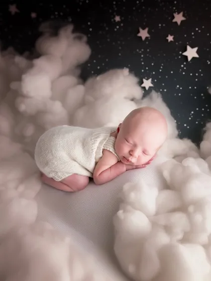 A newborn sleeps on a bed of fluffy white clouds under a starry night backdrop. This dreamy, celestial-themed setup creates a magical and imaginative portrait, perfect for a baby's first photoshoot.