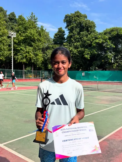 Celebrating our champ Sanvi. She was the runner-up in the Under 14 CS tournament, a big step forward in her tennis journey. I am proud of her for pushing her limits.