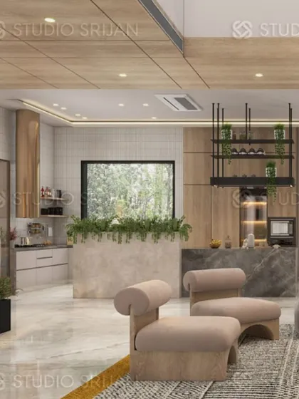 An open-plan living and kitchen area, where a hanging plant shelf above the island adds a touch of green and helps to define the kitchen zone.