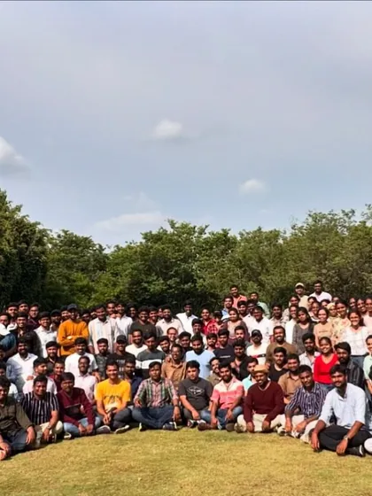 We are equipped to host large corporate groups for day outings or overnight camps. This photo captures the energy of a full company offsite, where every member gets to participate and enjoy the outdoors together.