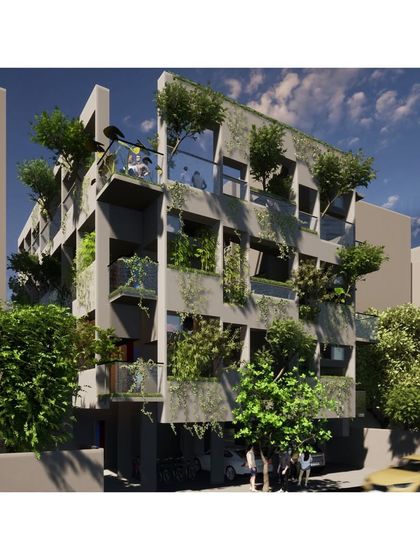 A version of the "Coilspace" facade where the building is overgrown with plants, transforming it into a living, breathing part of the urban ecosystem.