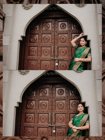 Two poses in one frame, showcasing the bride's grace in front of a grand traditional door. A perfect way to highlight different expressions and angles.