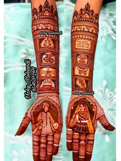 This design is a masterpiece of storytelling, with panels depicting the Ganesh mantra, dhol, kalash, and other wedding rituals, along with bride and groom portraits.