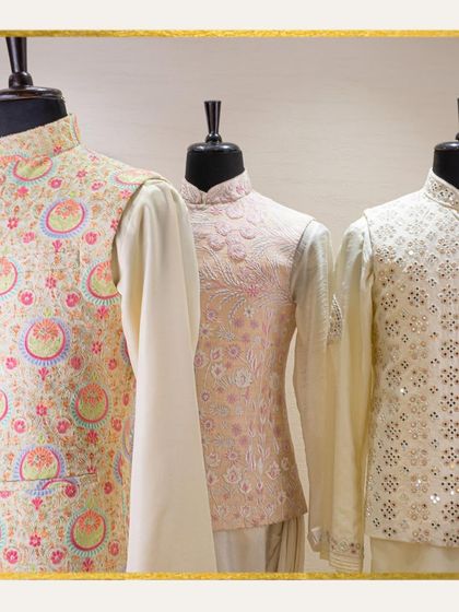 A trio of our finest Jawahar jackets on display. From intricate embroidery to mirror work, this image showcases the variety and sartorial finesse of our collection.