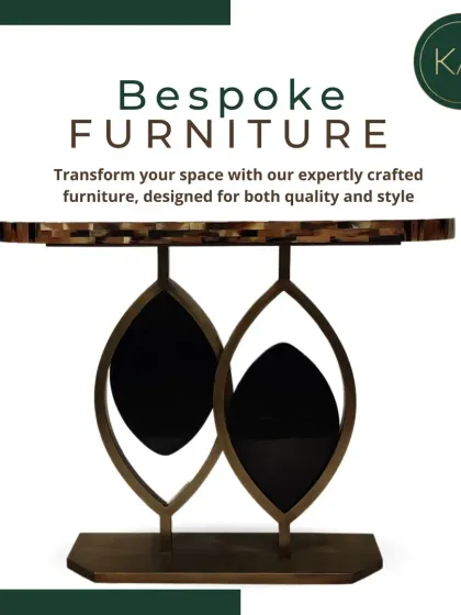This artistic console table features a unique base with interlocking leaf-shaped forms and a textured, inlaid top. It's a true statement piece that transforms any space with its blend of quality and style.